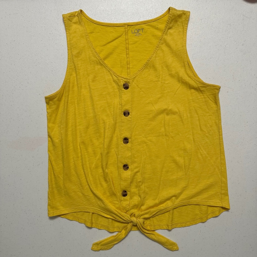 LOFT Yellow Button-Front Tie Hem Tank Top